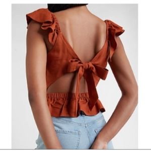 Express Linen Rust Ruffle Sleeve Blouse